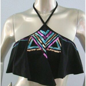 PINK Victoria' Secret Black Sequined Bling Flounce Bikini Top Small S (AA-C)